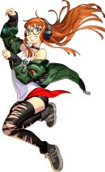 Rule 34 | 10s, 1girl, black thighhighs, brown hair, choker, full body, glasses, green jacket, jacket, looking at viewer, off shoulder, official art, persona, persona 5, persona 5: dancing star night, persona dancing, sakura futaba, short shorts, shorts, smile, soejima shigenori, solo, thighhighs, torn clothes, torn thighhighs, transparent background
