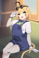 1girl absurdres ahoge blonde_hair blue_overalls breasts checkered_gloves checkered_wristband commentary dooby_(vtuber) english_commentary gloves goat_king goggles goggles_on_headwear green_eyes highres indie_virtual_youtuber looking_at_viewer mouse_girl mouse_tail open_mouth overall_shorts overalls pinstripe_overalls salute shirt short_hair sitting smile solo tail train_conductor virtual_youtuber white_gloves wristband