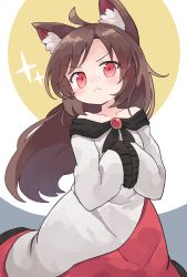 Rule 34 | 1girl, :&lt;, animal ears, blush, brooch, brown hair, closed mouth, collarbone, dress, female focus, highres, imaizumi kagerou, jewelry, kibisake, long hair, off-shoulder dress, off shoulder, red eyes, sleeves past fingers, sleeves past wrists, solo, touhou, v-shaped eyebrows, white dress, wolf ears