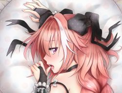 Rule 34 | 1boy, :o, arm up, astolfo (fate), bare shoulders, bed sheet, big hair, black bow, black choker, black dress, blush, bow, braid, bridal gauntlets, choker, chunyan, close-up, commentary request, dakimakura (medium), dress, eyelashes, fang, fate/apocrypha, fate (series), fingernails, frilled dress, frilled pillow, frills, from above, furrowed brow, hair between eyes, hair bow, hair intakes, half-closed eyes, hand up, long hair, long sleeves, looking at viewer, looking back, lying, male focus, multicolored hair, nose blush, on stomach, open mouth, pillow, pink hair, polka dot, polka dot bow, polka dot dress, portrait, purple eyes, single braid, sleeve cuffs, sleeves past wrists, solo, spaghetti strap, strap slip, streaked hair, tears, trap, two-tone hair, unmoving pattern, white bow, white hair