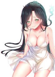 Rule 34 | 1girl, algorhythm project, bare legs, black hair, breasts, commission, dress, evalia (algorhythm project), green eyes, green hair, highres, hitodama, jewelry, long hair, medium breasts, multicolored hair, naimeow, second-party source, smile, solo, thai commentary, very long hair, virtual youtuber, white background, white dress