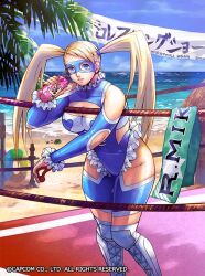 Rule 34 | 1girl, artist request, blonde hair, blue eyes, boxing ring, breasts, capcom, feet out of frame, glass, large breasts, mask, official art, rainbow mika, rope, street fighter, tagme, twintails