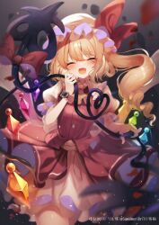 Rule 34 | 1girl, :d, blonde hair, closed eyes, drill hair, fang, flandre scarlet, happy, hat, highres, holding, holding weapon, laevatein (touhou), long hair, mob cap, open mouth, puffy short sleeves, puffy sleeves, sekisei (superego51), short hair with long locks, short sleeves, skirt, smile, touhou, very long hair, vest, weapon, wings