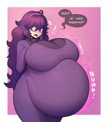 Rule 34 | !, 1girl, @ @, absurdres, ahoge, arawaffle, big belly, breast expansion, breasts, covered navel, creatures (company), dress, female focus, game freak, hex maniac (pokemon), highres, huge breasts, long hair, matching hair/eyes, nintendo, pokemon, pokemon xy, pregnant, purple dress, purple eyes, purple hair, solo, speech bubble