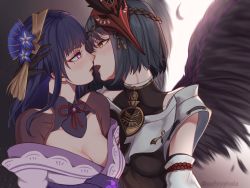 Rule 34 | 2girls, artist request, bare shoulders, black hair, black wings, blush, breasts, cleavage, commentary, detached sleeves, english commentary, feathered wings, feathers, flower, genshin impact, gloves, hair ornament, highres, imminent kiss, japanese clothes, kimono, kujou sara, large breasts, long hair, mask, mask on head, mole, mole under eye, multiple girls, oofxyphxia, open mouth, purple eyes, purple flower, purple hair, raiden shogun, ribbon, short hair, simple background, tengu mask, wings, yellow eyes, yuri