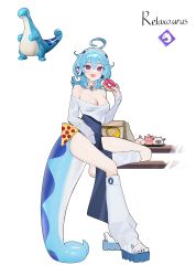 Rule 34 | 1girl, absurdres, ahoge, blue hair, breasts, cleavage, doughnut, food, full body, highres, medium breasts, medium hair, open mouth, palworld, personification, pizza, pizza slice, purple eyes, reiko lape, relaxaurus, simple background, solo, tail, thighs, white background
