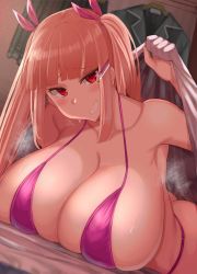 Rule 34 | 1girl, absurdres, amato mone (facominn), bikini, breasts, cleavage, facominn, grin, hair ornament, highres, huge breasts, light brown hair, long hair, looking at viewer, lying, on stomach, original, paizuri invitation, pink bikini, red eyes, smile, solo, swimsuit