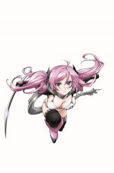 Rule 34 | 1girl, absurdres, arm guards, armor, bikini armor, bikini warriors, blush, breasts, cleavage, gloves, grey eyes, highres, holding, holding weapon, katana, kunoichi (bikini warriors), large breasts, long hair, official art, pink hair, scarf, serious, simple background, solo, striped clothes, striped thighhighs, sword, thighhighs, twintails, vertical-striped clothes, vertical-striped thighhighs, weapon, white background
