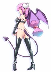 Rule 34 | 1girl, :o, black footwear, boots, breasts, character request, choker, demon girl, demon horns, demon tail, demon wings, detached sleeves, horns, interlocked fingers, large breasts, long hair, looking at viewer, looking back, low tied hair, pink eyes, pink hair, pointy ears, simple background, solo, tail, thigh boots, thighhighs, v arms, white background, wings, yuto (dialique)