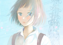 Rule 34 | 1girl, backpack, bad id, bad pixiv id, bag, blue eyes, blue sky, blush, bob cut, brown hair, collarbone, commentary request, day, hair over one eye, looking at viewer, nakamura hinata, original, portrait, power lines, shirt, short hair, sky, solo, sunlight, transmission tower, white shirt, wing collar