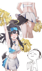 Rule 34 | 1boy, 1girl, animal ears, arm up, armpits, doodle sensei (blue archive), ass, bare shoulders, black hair, blue archive, blush, breasts, cheering, cheerleader, chilakkk, cleavage, closed eyes, collarbone, crop top, dog ears, dog girl, dog tail, eyewear on head, flying sweatdrops, goggles, goggles on head, halo, hibiki (blue archive), hibiki (cheer squad) (blue archive), highres, holding, holding towel, long hair, medium breasts, millennium cheerleader outfit (blue archive), miniskirt, multiple views, navel, official alternate costume, open mouth, panties, pom pom (cheerleading), sensei (blue archive), simple background, skirt, standing, stomach, sweat, tail, towel, twitter username, underwear, white background, white panties