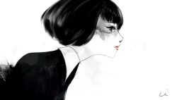 Rule 34 | androgynous, black eyes, black hair, bob cut, closed mouth, from side, gender request, looking away, moiom10, monochrome, original, profile, red lips, short hair, signature, simple background, solo, upper body, white background