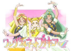 Rule 34 | 00s, 10s, 3girls, blonde hair, brooch, cone hair bun, crossover, cure lemonade, drill hair, earrings, eyelashes, glasses, green eyes, green hair, green haired cure (wonderful net precure) (happinesscharge precure!), h26r, hair bun, hair ornament, hair ribbon, happinesscharge precure!, happy, heart, heart brooch, jewelry, kasugano urara (yes! precure 5), long hair, looking at another, looking at viewer, magical girl, multiple girls, orange eyes, orange hair, orange haired cure (wonderful net precure) (happinesscharge precure!), pointing, precure, puffy sleeves, ribbon, smile, text focus, translated, twintails, yellow eyes, yes! precure 5, yes! precure 5 gogo!