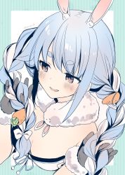 Rule 34 | 1girl, animal ear fluff, animal ears, bare shoulders, black gloves, blue hair, blush, bow, braid, breasts, carrot, carrot hair ornament, cleavage, coat, don-chan (usada pekora), dutch angle, extra ears, eyelashes, food-themed hair ornament, fur-trimmed gloves, fur scarf, fur trim, gloves, green background, hair bow, hair ornament, hands in hair, hands up, highres, hololive, hololive fantasy, leotard, long braid, long hair, parted lips, playboy bunny, rabbit, rabbit ears, rabbit girl, red eyes, scarf, sidelocks, simple background, sleeveless, small breasts, solo, striped, striped background, thick eyebrows, twin braids, twintails, twitter username, upper body, usada pekora, usada pekora (1st costume), virtual youtuber, white background, white bow, white coat, white hair, yu yu