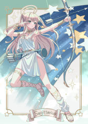 Rule 34 | 1girl, aiming, ancient greek clothes, aqua nails, armband, armlet, arrow (projectile), blonde hair, blush, bow (weapon), breasts, chiton, cleavage, crossed bangs, eyelashes, feet, fingernails, full body, gladiator sandals, gold belt, gold footwear, greco-roman clothes, green eyes, halo, highres, holding, holding bow (weapon), holding weapon, jewelry, legs, long hair, medium breasts, nail polish, neck ring, original, peplos, polearm, quiver, sagittarius (zodiac), sandals, side slit, solo, sparkle, star (symbol), suzaku (zaku6584), toenail polish, toenails, toes, twintails, weapon, zodiac