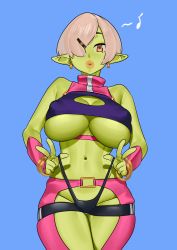 Rule 34 | 1girl, absurdres, bad id, bad twitter id, blue background, breasts, cleavage cutout, clothing cutout, colored skin, commission, cowboy shot, double w, earrings, eighth note, female goblin, goblin, green skin, hair ornament, hair over one eye, hairclip, highres, jewelry, large breasts, musical note, nia (nia4294), orange eyes, original, pointy ears, shadow, simple background, solo, underboob, w