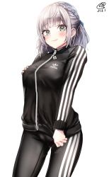 Rule 34 | 1girl, adidas, alternate costume, black jacket, black pants, blush, braid, breasts, clothes pull, crown braid, dated, green eyes, hair behind ear, hand on breast, highres, hololive, jacket, jacket pull, looking at viewer, medium breasts, pants, qualthis, shirogane noel, short hair, signature, silver hair, smile, solo, track jacket, track pants, track suit, virtual youtuber