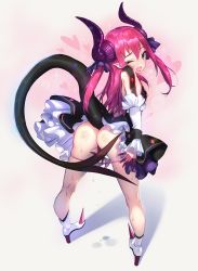 Rule 34 | 10s, 1girl, ass, asymmetrical horns, blue eyes, curled horns, dragon girl, dragon horns, dragon tail, dress, elizabeth bathory (fate), elizabeth bathory (fate/extra ccc), elizabeth bathory (first ascension) (fate), fate/extra, fate/extra ccc, fate (series), female masturbation, fingering, from behind, highres, horns, long hair, looking at viewer, looking back, masturbation, mhk (mechamania), one eye closed, open mouth, panties, panty pull, pink hair, plaid, plaid skirt, pointy ears, pussy juice, skirt, solo, standing, tail, two side up, underwear, uneven horns