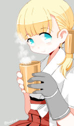 Rule 34 | blonde hair, blue eyes, blunt bangs, commentary request, dougi, gloves, grey background, grey gloves, hair ornament, hakama, hakama short skirt, hakama skirt, highres, japanese clothes, kanoe soushi, kantai collection, long hair, looking at viewer, red hakama, shin&#039;you (kancolle), side ponytail, simple background, single glove, sitting, skirt, solo, steam, tumbler