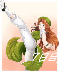 Rule 34 | 1girl, ass, beret, blue eyes, blush, bracelet, braid, breasts, dress, female focus, green dress, green hat, hat, highres, hip focus, hong meiling, jewelry, kicking, long hair, open mouth, pants, red hair, shoes, solo, standing, standing on one leg, teeth, temari rin, tongue, touhou, twin braids, white pants