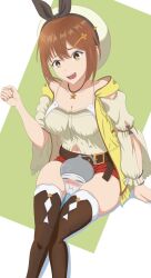 Rule 34 | 1girl, atelier (series), atelier ryza, belly, belt, blouse, blush, boots, breasts, brown hair, gado soulsilver, hair ornament, hairpin, hat, head between legs, head between thighs, highres, jewelry, medium breasts, navel, on floor, open mouth, pendant, reisalin stout, ribbon, shirt, short hair, short shorts, shorts, sitting, smile, socks, squishing, star (symbol), thick thighs, thighs, yellow eyes