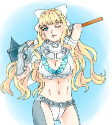 Rule 34 | 1girl, arms behind head, axe, belt, blonde hair, blue background, blue eyes, bow, bracer, breasts, charlotte (fire emblem), cleavage, contrapposto, fire emblem, fire emblem fates, fire emblem heroes, hair bow, hiwamoegi, holding, holding axe, holding weapon, lips, long hair, looking at viewer, midriff, navel, nintendo, one eye closed, sidelocks, solo, standing, thighs, wavy hair, weapon, white bow