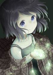Rule 34 | 1girl, black hair, blue eyes, closed mouth, commentary request, dress, glowing, green background, green dress, hands up, kanon, long sleeves, looking away, mimikaki (men bow), misaka shiori, plaid, shirt, short hair, simple background, sleeveless, sleeveless dress, smile, solo, white shirt