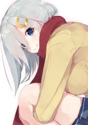 Rule 34 | 10s, 1girl, absurdres, blue eyes, blue skirt, breasts, cardigan, commentary request, enpera, eyes visible through hair, from side, hair ornament, hair over one eye, hairclip, hamakaze (kancolle), highres, kantai collection, large breasts, leaning forward, hugging own legs, looking at viewer, miniskirt, out of frame, outside border, pleated skirt, red scarf, scarf, shimohasira, short hair, silver hair, sitting, skirt, smile, solo