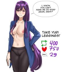 Rule 34 | 1girl, absurdres, bagjaoppay, black pants, blue shirt, breasts, cleavage, cowboy shot, doki doki literature club, english text, hand on own hip, highres, large breasts, long hair, meme, nipples, no bra, open clothes, open shirt, pants, parted lips, purple eyes, purple hair, shadow, shirt, simple background, solo, speech bubble, twitter strip game (meme), very long hair, white background, yuri (doki doki literature club)