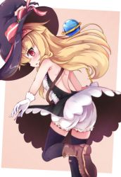 Rule 34 | 1girl, bandaid, bare back, bare shoulders, black thighhighs, blonde hair, bloomers, brown footwear, cross-laced footwear, dress, from behind, gloves, hairband, hat, highres, leg up, little witch nobeta, long hair, looking at viewer, looking back, nobeta, red eyes, shen li, sleeveless, solo, standing, standing on one leg, striped clothes, striped dress, thighhighs, underwear, vertical-striped clothes, vertical-striped dress, white bloomers, witch hat