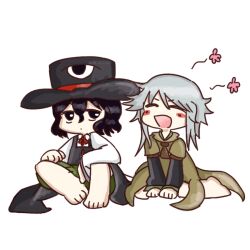 Rule 34 | 2others, ascot, barefoot, black eyes, black hair, black sleeves, blush stickers, brown ascot, brown coat, check commentary, chikafumikou, coat, commentary, commentary request, enraku tsubakura, grey hair, hakama, hakama skirt, hands on own knees, happy, hat, houlen yabusame, japanese clothes, large hat, layered sleeves, len&#039;en, long sleeves, looking at another, multiple others, open mouth, red ribbon, ribbon, short hair, short hair with long locks, short over long sleeves, short sleeves, sitting, sketch, skirt, sleeveless, sleeveless coat, smile, tabi, top hat, wariza, white sleeves, wide sleeves