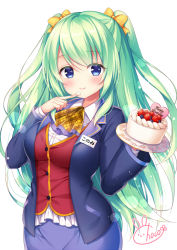Rule 34 | 1girl, artist logo, ascot, birthday cake, blue eyes, blue jacket, blue skirt, blueberry, blush, bow, breasts, buttons, cake, closed mouth, collared shirt, commentary request, cowboy shot, dress shirt, floral print, food, fruit, green hair, hair between eyes, hair bow, hand up, happy birthday, holding, holding plate, icing, index finger raised, jacket, konomi (nittoku print), long hair, long sleeves, looking at viewer, medium breasts, mitsuba choco, name tag, nittoku print, official art, open clothes, open jacket, pencil skirt, plate, pocket, red vest, shirt, sidelocks, signature, simple background, skirt, smile, solo, standing, strawberry, striped ascot, striped neckwear, swept bangs, two side up, very long hair, vest, white background, white shirt, yellow ascot, yellow bow