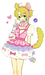 Rule 34 | 1girl, animal ears, arm warmers, ashton marten (vtuber), belt, bow, buckle, checkmark, chinchilla ears, chinchilla girl, chinchilla tail, commentary, dress, dress bow, english commentary, green eyes, green hair, hair ornament, hairclip, headphones, headset, heart, heart-shaped buckle, heart hair ornament, highres, indie virtual youtuber, long hair, mota (motaberrie), nail polish, notched ear, open mouth, ribbon, see-through, see-through sleeves, short sleeves, smile, solo, tail, tail ornament, tail ribbon, teeth, two side up, upper teeth only, virtual youtuber, w