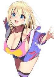 Rule 34 | 1girl, :d, absurdres, blonde hair, blue eyes, blue jacket, bra, breasts, cleavage, commentary request, covered erect nipples, gen (black factory), headphones, highres, hood, hood down, hooded jacket, huge breasts, jacket, legs together, long hair, looking at viewer, o-ring, o-ring top, open clothes, open jacket, open mouth, original, outstretched arms, pink shirt, purple bra, shirt, simple background, smile, solo, standing, strap slip, striped clothes, striped thighhighs, teeth, thighhighs, underwear, unzipped, upper teeth only, white background, zipper