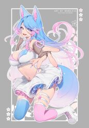Rule 34 | 1girl, animal ears, asymmetrical legwear, bare shoulders, blue eyes, blue hair, blue thighhighs, boots, breasts, choker, cleavage, crop top, elbow gloves, fingerless gloves, fishnets, fox ears, fox girl, fox tail, gloves, gradient hair, hand up, highleg, lace trim, large breasts, long hair, looking at viewer, midriff, miniskirt, mismatched legwear, multicolored hair, nanoless, navel, open mouth, outstretched arm, pink hair, pink thighhighs, shirt, silvervale, silvervale (4th costume), skindentation, skirt, sleeveless, sleeveless shirt, smile, solo, stomach, tail, thigh strap, thighhighs, very long hair, virtual youtuber, white choker, white footwear, white shirt, white skirt, zettai ryouiki