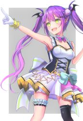 Rule 34 | 1girl, :d, absurdres, armpits, bare arms, belt, black thighhighs, bodice, bow, bow skirt, breasts, bridal garter, cleavage, ear piercing, frilled straps, frills, gloves, green eyes, hair ornament, hairclip, highres, hololive, hololive idol uniform, huge filesize, idol, layered skirt, long hair, looking away, medium breasts, miniskirt, official alternate costume, open mouth, piercing, pink skirt, pointing, pointy ears, purple hair, sidelocks, simple background, single thighhigh, skirt, skirt set, sleeveless, smile, solo, standing, thighhighs, tilu, tokoyami towa, virtual youtuber, white bow, white gloves, white skirt, wrist cuffs