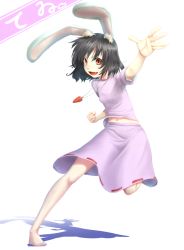 Rule 34 | 1girl, animal ears, barefoot, black hair, blush, carrot, carrot necklace, character name, covered erect nipples, dress, female focus, flat chest, full body, inaba tewi, jewelry, midriff, mossari poteto, navel, necklace, rabbit ears, red eyes, running, short hair, simple background, skirt, solo, touhou, upright