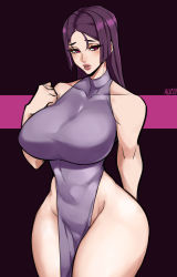 Rule 34 | 1girl, absurdres, alecto 0, alternate costume, bare shoulders, breasts, censored, collarbone, dress, fate/grand order, fate (series), highres, large breasts, lips, looking to the side, minamoto no raikou (fate), navel, parted bangs, purple dress, purple eyes, purple hair, red eyes, sleeveless, sleeveless dress, standing, thick thighs, thighs