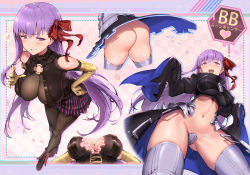 Rule 34 | 10s, 1girl, ass, bb (fate), bb (fate/extra), black pantyhose, blush, boots, breasts, cosplay, cowboy shot, crotch plate, elbow gloves, fate/extra, fate/extra ccc, fate (series), gloves, gluteal fold, hair ribbon, hand on own hip, haoni, impossible clothes, large breasts, leaning forward, long hair, meltryllis (fate), meltryllis (fate) (cosplay), multiple girls, multiple views, navel, no panties, pantyhose, passion lip (cosplay), passionlip (fate), passionlip (fate) (cosplay), purple eyes, purple hair, red ribbon, ribbon, single sidelock, sleeves past wrists, smile, thighhighs, very long hair