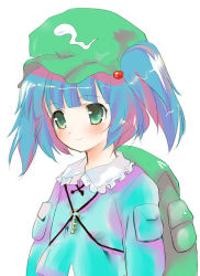 Rule 34 | 1girl, backpack, bag, blue hair, blush, female focus, hair bobbles, hair ornament, hat, kawashiro nitori, key, pocket, shige, simple background, solo, touhou, twintails, two side up, upper body