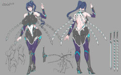 Rule 34 | 1girl, ass, bare shoulders, blue hair, bodysuit, boots, breasts, butt crack, character sheet, covered navel, curvy, fei (maidoll), full body, high ponytail, highres, holding, holding sword, holding weapon, huge ass, huge breasts, lilith-soft, lips, long hair, multiple views, nail polish, nipples, official art, ponytail, shiny clothes, shiny skin, simple background, skin tight, sword, taimanin (series), taimanin rpgx, uehara rin, very long hair, weapon