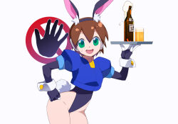 Rule 34 | 1girl, aile (mega man zx), alcohol, animal ears, beer, beer glass, black leotard, blue jacket, brown hair, cropped jacket, green eyes, holding, holding tray, jacket, kaidou zx, leotard, mega man (series), mega man zx, nervous, playboy bunny, rabbit ears, rabbit tail, robot ears, short hair, simple background, solo, tail, tray, white background