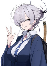 1girl absurdres black_choker blue_cardigan blue_necktie blunt_bangs breasts cardigan choker djan grey_eyes hair_between_eyes hair_bun hair_over_one_eye highres itokonoue_kaoru large_breasts necktie open_mouth project_kv shirt sidelocks sword v weapon weapon_on_back white_hair white_shirt