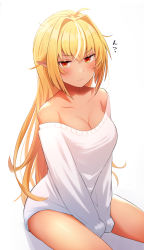 Rule 34 | 1girl, alternate costume, alternate hairstyle, bare legs, bare shoulders, between legs, blonde hair, blush, breasts, casual, cleavage, closed mouth, collarbone, commentary, dark-skinned female, dark skin, hair between eyes, hair down, hand between legs, highres, hololive, long hair, long sleeves, looking at viewer, medium breasts, messy hair, multicolored hair, naked sweater, off-shoulder sweater, off shoulder, pointy ears, red eyes, sasaki (glass1138), shiranui flare, simple background, sleeves past fingers, sleeves past wrists, solo, streaked hair, sweater, symbol-only commentary, thighs, translated, two-tone hair, virtual youtuber, white background, white hair, white sweater