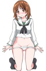 Rule 34 | 1girl, black neckerchief, black socks, blouse, blush, brown eyes, brown hair, charlie matsumo, closed mouth, commentary, crotch seam, frown, full body, girls und panzer, groin, highres, kneeling, lace, lace-trimmed panties, lace trim, long sleeves, looking at viewer, navel, neckerchief, nishizumi miho, no pants, ooarai school uniform, panties, panty pull, pulled by self, sailor collar, school uniform, serafuku, shirt, short hair, simple background, socks, solo, underwear, undressing, white background, white sailor collar, white shirt