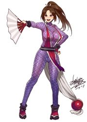 Rule 34 | 1girl, :d, bodysuit, breasts, brown eyes, brown hair, cameltoe, dated, fatal fury, fishnet bodysuit, fishnets, folding fan, full body, hand fan, hand on own hip, holding, holding fan, large breasts, legs apart, long hair, looking at viewer, mizuryu kei, open mouth, pelvic curtain, ponytail, purple bodysuit, sash, shiranui mai, signature, simple background, smile, solo, standing, tabi, the king of fighters, white background