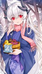 Rule 34 | 1girl, blue kimono, dragon girl, dragon horns, fate/grand order, fate (series), floral print, highres, holding, horns, japanese clothes, kimono, kiyohime (fate), kiyohime (traveling outfit) (fate), long hair, morizono shiki, multiple horns, outdoors, pink scarf, print kimono, red eyes, rubber duck, scarf, snow, snowing, solo, standing, tree, white hair, wide sleeves
