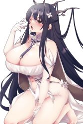 Rule 34 | 1girl, azur lane, between breasts, black hair, breasts, brown eyes, clothing cutout, dress, flower, full body, gloves, hair flower, hair ornament, highres, huge breasts, indomitable (azur lane), long hair, navel, navel cutout, no panties, one eye closed, open mouth, revealing clothes, see-through, see-through dress, simple background, skindentation, solo, strap between breasts, utani (punishment), very long hair, white background, white flower, white gloves