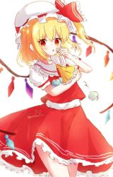 Rule 34 | 1girl, :o, ascot, blonde hair, cowboy shot, flandre scarlet, frilled ascot, frilled shirt collar, frilled skirt, frills, hair between eyes, hat, hat ribbon, holding, medium hair, mob cap, multicolored wings, omi (omoi), open mouth, puffy short sleeves, puffy sleeves, red eyes, red ribbon, red skirt, red vest, ribbon, ribbon-trimmed headwear, ribbon trim, shirt, short sleeves, side ponytail, simple background, skirt, skirt set, solo, touhou, vest, white background, white hat, white shirt, wings, yellow ascot