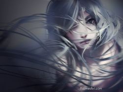 Rule 34 | 1girl, closed mouth, commentary, dark, english commentary, floating hair, hair over one eye, lips, long hair, looking at viewer, original, solo, watermark, web address, white hair, yuumei